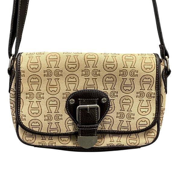 Etienne Aigner Vintage Brown Canvas Logo Leather Strap Brass Buckle Purse - Picture 1 of 9